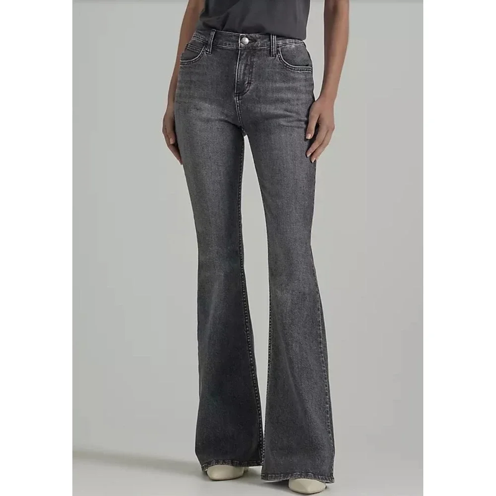 Lee Legendary Mid Rise Flare Jeans Blurred Darks Gray Womens 8 Long